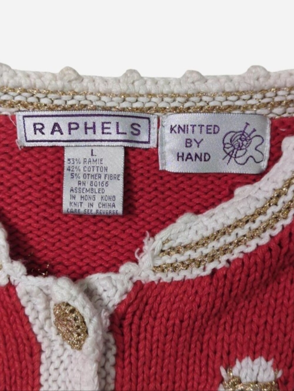 Vintage handknit heart knit cardigan with red, white, gold and silver. Size L - Picture 3 of 4